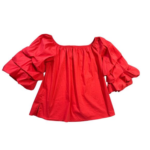NWOT - ZARA WOMAN shirt, size Medium, puffy sleeves, crisp material, Red/Orange - Picture 1 of 8